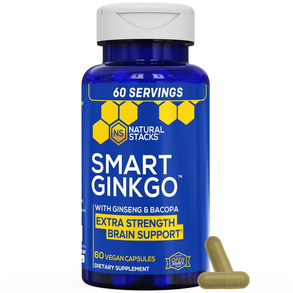 NATURAL STACKS Ginkgo Biloba Supplement 200mg Panax Ginseng & 200mg Bacopa Monnieri - Brain lisäravinteet muistia ja keskittyä - Korean Ginseng aivojen terveystuki - 60 Ginkgo Biloba Kapselit