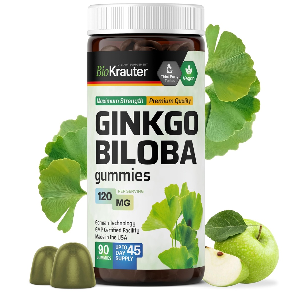 BIO KRAUTER Ginkgo Biloba Gummies - 90 Vegan Chews - Ginkgo Biloba lisäravinteet aivoihin tukea - 120 mg Standardoitu uute - Pektiinipohjainen Formula