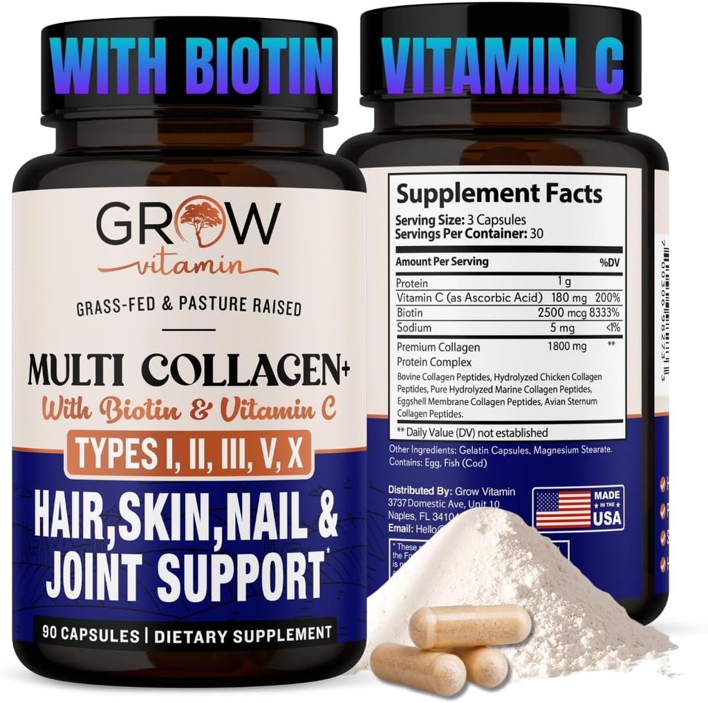 Kasvattaa vitamiini Multi Collagen Kapselit - Tyypit I, II, III, V & X Hydrolysoitu Sekoita Biotiini & C-vitamiini hiukset, iho, kynnet 90 kapselia
