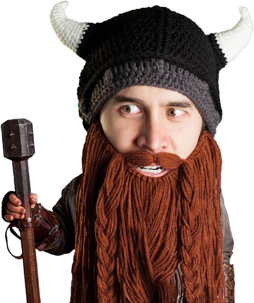 Parta Head Viking Pillager - Original Handmade Knit Viking Horn Helmet ja irrotettava ruskea / musta parta