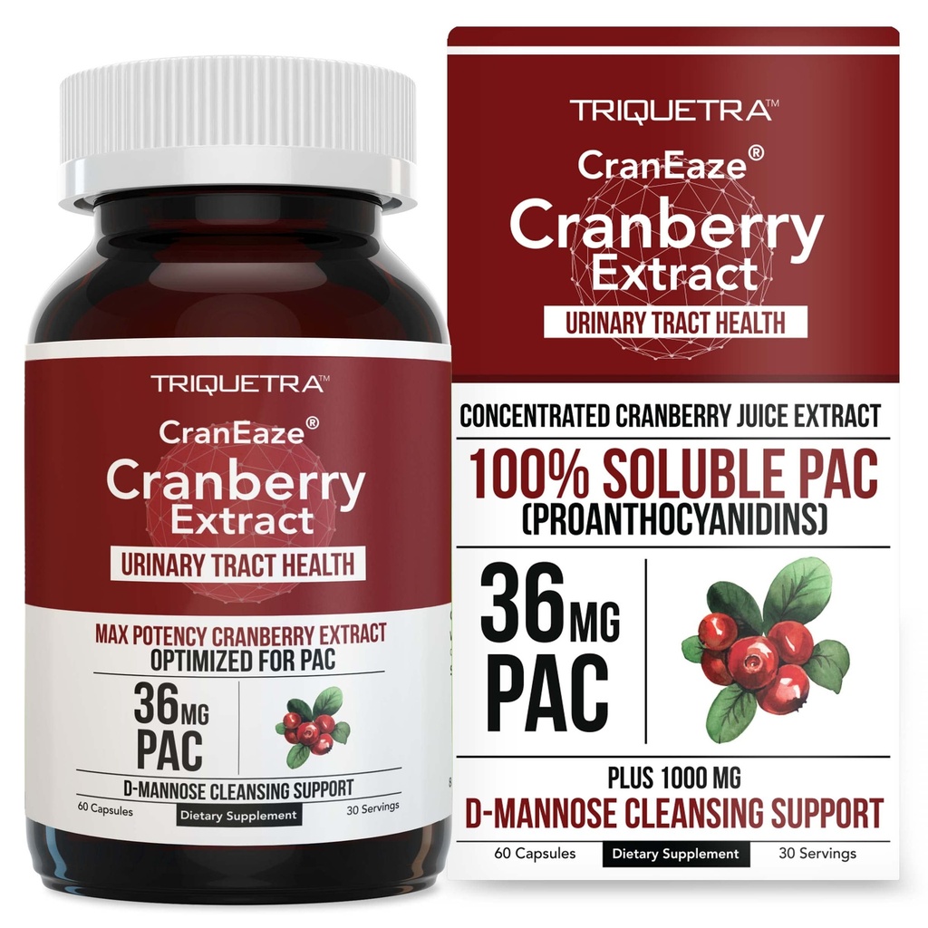 CranEaze®: Cranberry Juice Extract Plus D-Mannose - 36 mg PAC, 100% löslig PAC - Stöder urinvägshälsa - Mest effektiva tranbär piller för kvinnor, UTI Cranberry Supplement - 60 kapslar