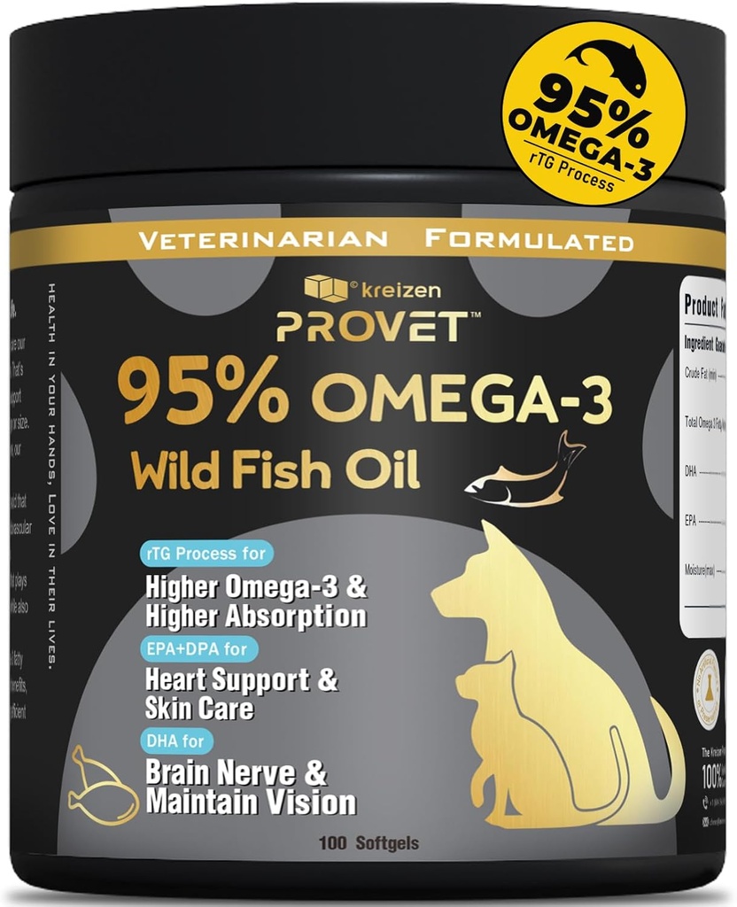 95% Omega 3 Fish Oil for Dogs & Cats, Vet- Formulated with RTG Processed Salmon Oil, Maximum EPA & DHA, Tukee sydäntä, ihoa, turkkia, Joint,Heart & Immuuniterveys, 100 pehmeää geeliä