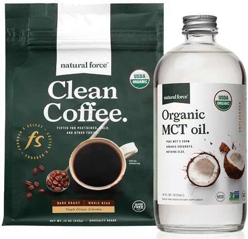 Natural Force Organic Dark Roast Clean Coffee + Organic MCT Oil Bundle 100% Pure Coconut MCTs & Mold & Mycotoxine Free Coffee