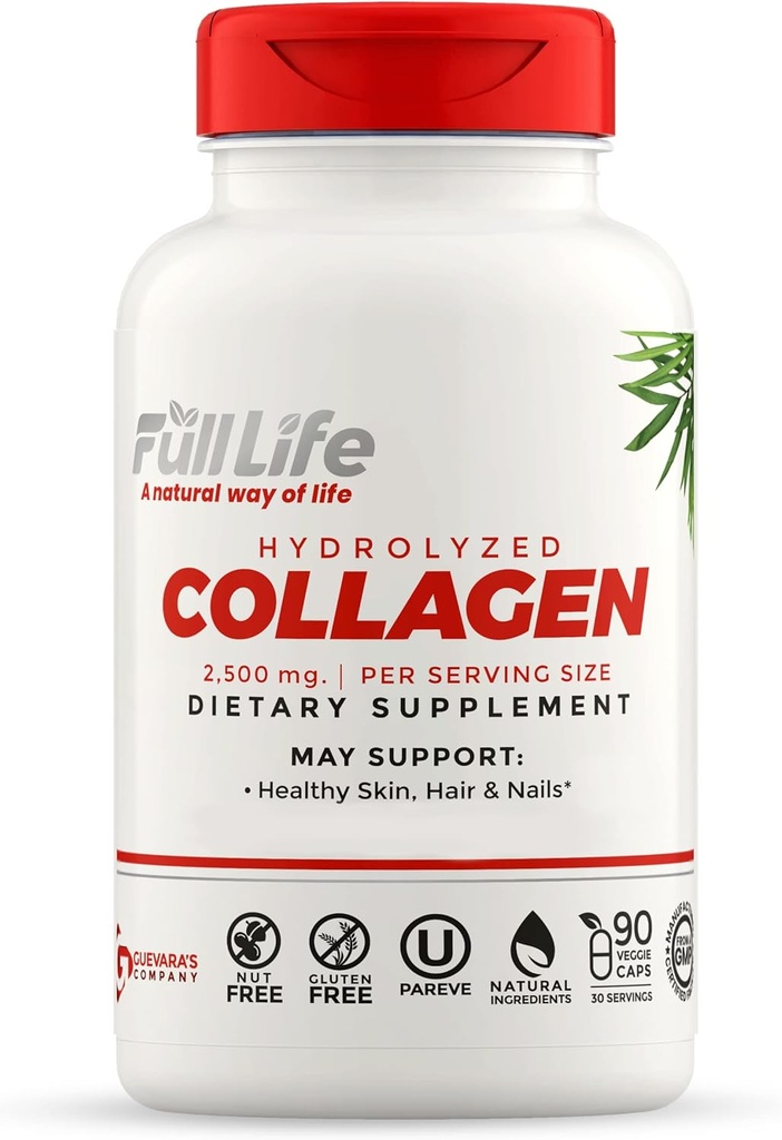 Full Life Hydrolyzed Collagen Supplements - Bovine Collagen Pills för kvinnor och män - Kosher Collagen Capsules, Gluten-Free - 90 Veggie Capsules 2 500mg