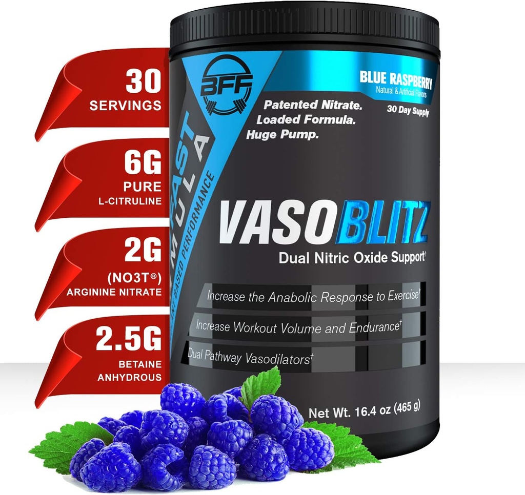 VASOBLITZ Award Winning Dual Typpioksidi Pre Treenout kanssa NO3T Arginiininitraatti,L-sitrulliini, Betaiini Vedetön,Kalsiumlaktaatti, kofeiini ilmaiseksi lihasten Endurance(30 tarjoilu) (Blue Raspberry)