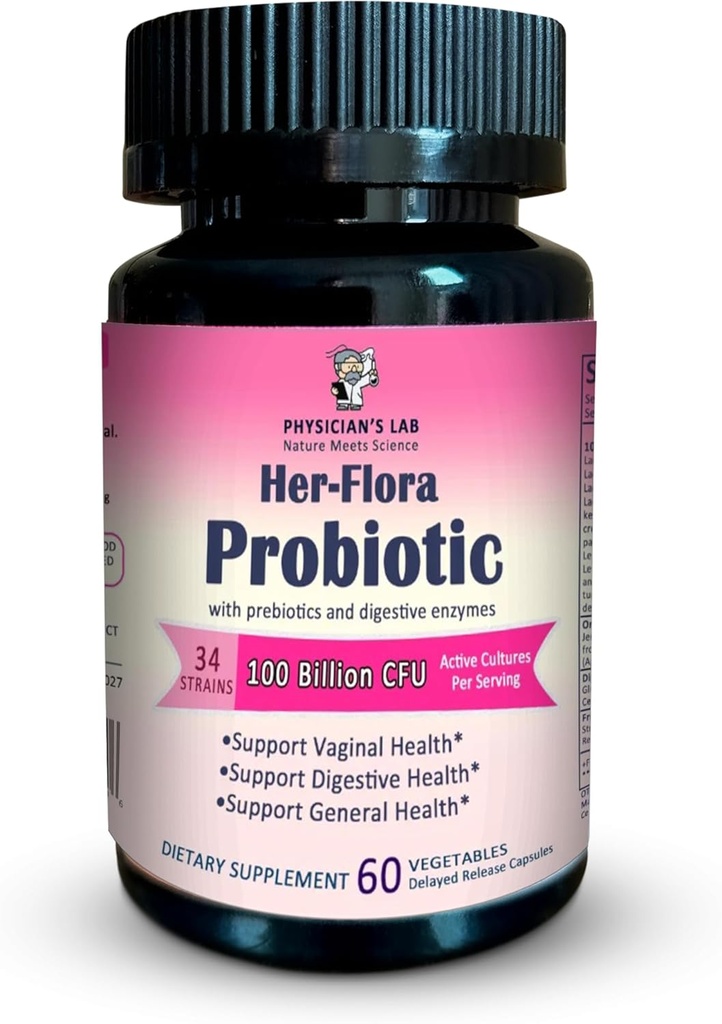 Läkarens Lab Her-Flora Women's Probiotic 100 Billion CFU per Capsule, Non-GMO, 34 Strains, med Prebiotics & Digestive enzymer, Gut & Vaginal Health, HPylori Support, 60 Veg Caps, 2-månaders Supply!