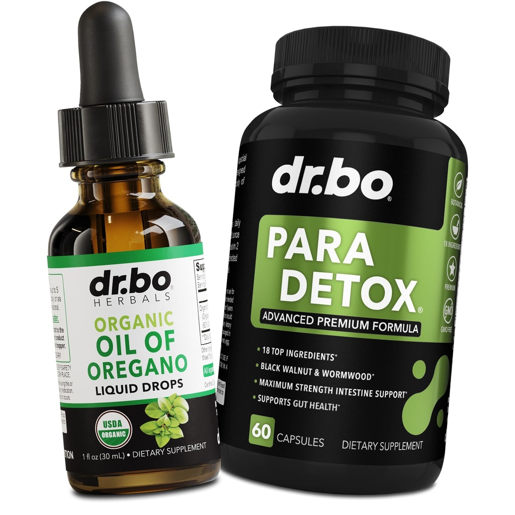Oregano Oil Organic Liquid Drops & Gut Health Caps - Olja av Oregano Drops Tincture Extract & Intestinal Pills Herbal Wormwood Black Walnut Cloves Immune Support - Herbal Organic