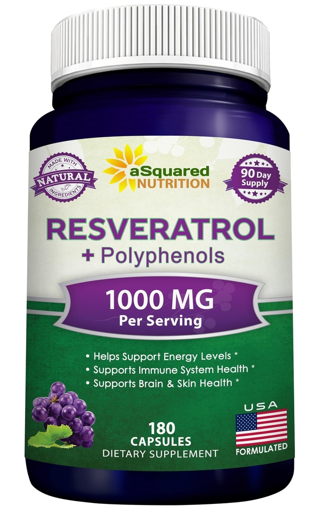 aSquared Nutrition Natural Resveratrol med Red Wine Extract - 180 kapslar - Trans Resveratrol Antioxidant Supplement Pills för ren hjärthälsa - Extra styrka Trans-Resveratrol