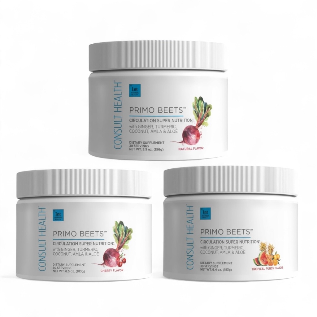 Consult Health Primo Beets Root Powder Drink Mix med Nitrater, Daglig Circulation Support med Ginger och gurkmeja, 3 Pack av smaker, körsbär, blåbär och jordgubbe Lemonade 6,5 uns Varje