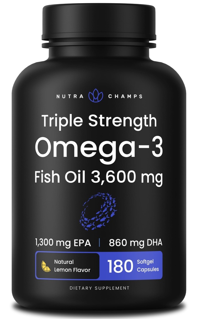 Triple Strength Omega 3 Fish Oil 3600 mg | EPA & DHA | 180 Softgels | Burpless Fish Oil Supplement, Wild Caught | Över 2100mg Omega-3 Fatty Acids Supplements | Natural Lemon Flavor Omegas 3 Pills