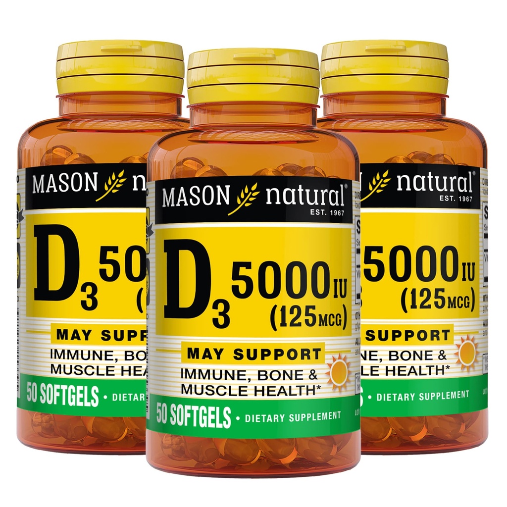 MASON NATURAL Vitamin D3 125 mcg (5000 IE) - Stöder övergripande hälsa, stärker ben och muskler, från Fish Liver Oil, 50 Softgels (Pack of 3)