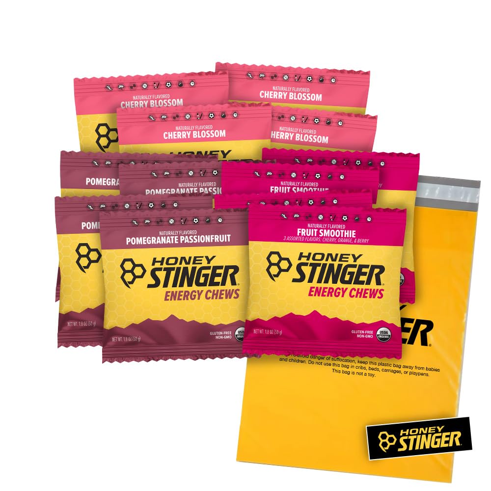Honey Stinger Organic Energy Chews - Variety Pack - 12 greve - 4 av varje smak - Chewy Gummy Energy Source - Cherry Blossom, Fruit Smoothie & Pomegranate Passionfrukt - Plus Sticker och Polybag