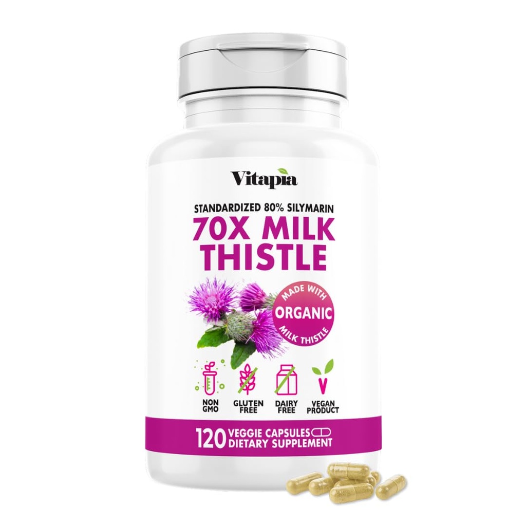 Vitapia Organic Milk Thistle Extract 70:1 täydennysosa - Maksan Cleanse Detox & Repair, Liver Health Support, Antioxidants - 120 Vegaanikapselit, ei GMO, Gluteenittomat