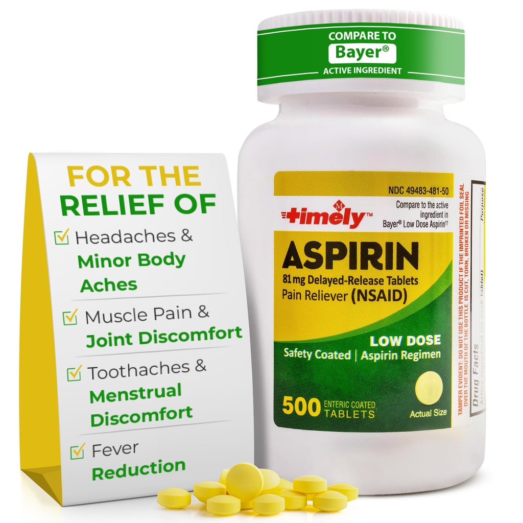 Aspiriini 81 mg aikuisille - kipulääke pienille aches & kuumetta reduktori - Verrattuna vaikuttava aine Bayer - Low Strength Enteric päällystetty Aspirin - 500 tablettia