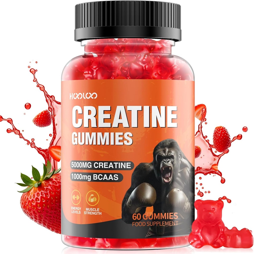 HOOLOO Kreatin Gummies 5000mg Kreatinmonohydrat, 1000mg BCAA per portion - Tuggbar Vegan Sugar Free Gummies, jordgubbssmak (1 månads leverans)