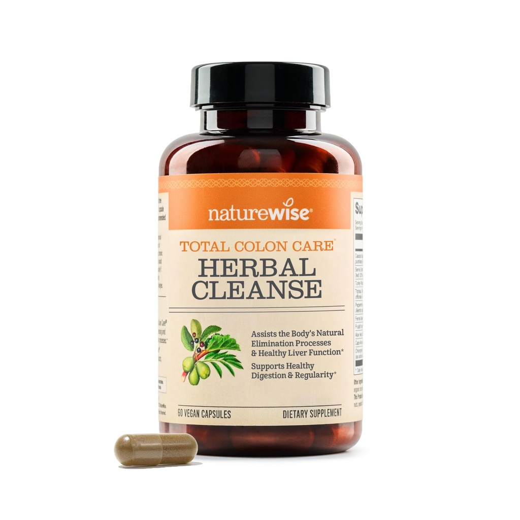 Naturewise Total Colon Care Herbal Cleanse - Prebiootit, kasvitieteet, & Antioksidantit - Säännöllinen Bowel Movement, Digestion, Gut Health - Vegaani, Gluteeniton, ei-GMO - 60 kapselia[2-Kuukauden tarjonta]