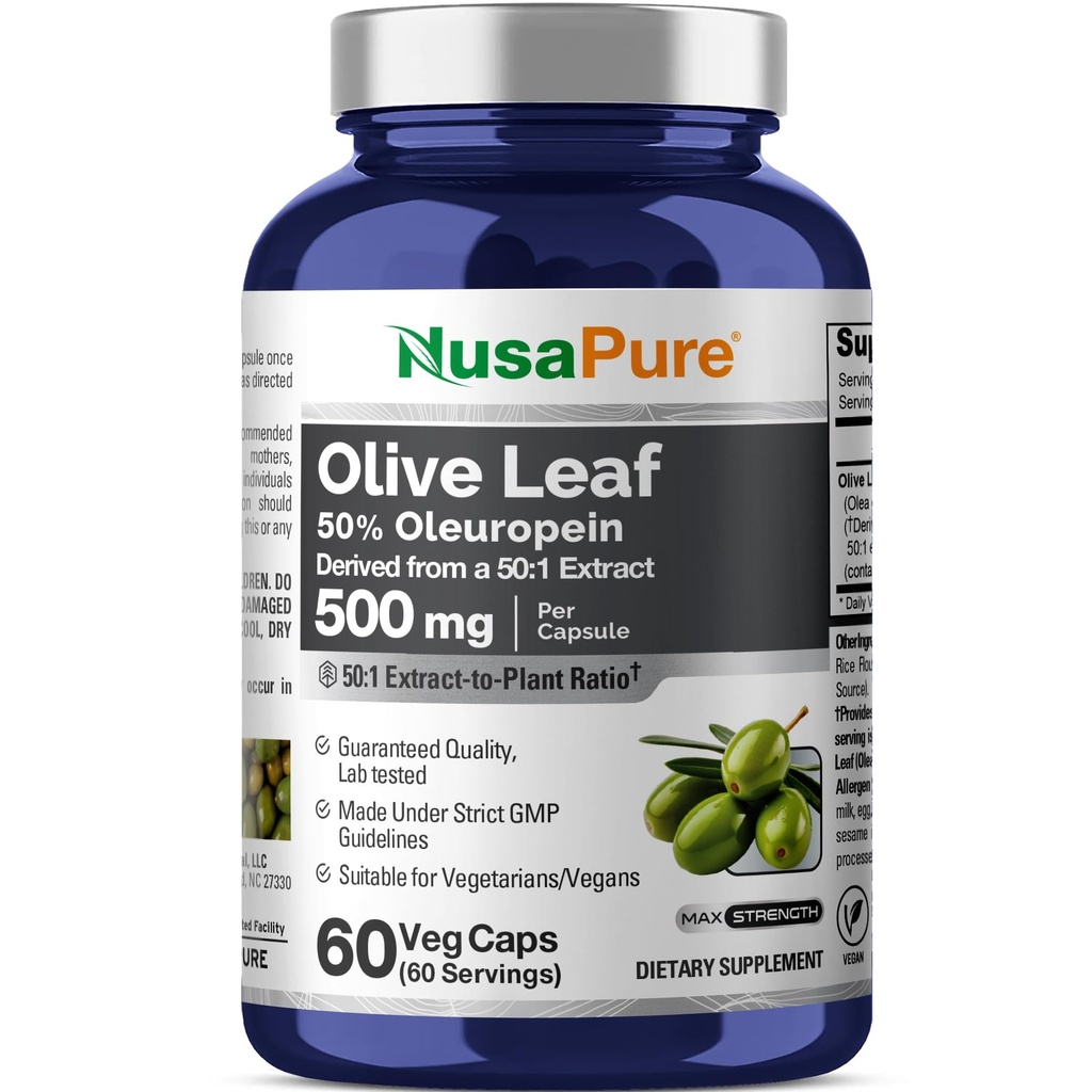 NusaPure Olive Leaf 50:1 uute, 500 mg vastaa 25 000mg - 50% Oleuropein Vegan / kasvissyöjä - Super Strength Ei öljy 60 kapselia