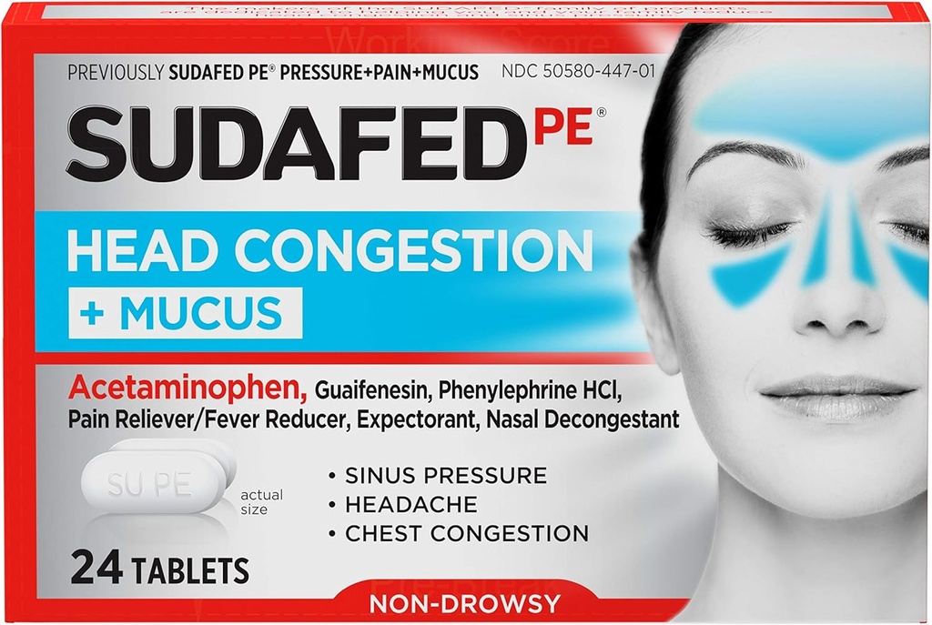 Sudafed PE Head Congestion + Mucus tabletter för Sinus tryck, smärta och trängsel, 24 ct