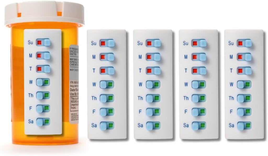 Take-n-Slide Peel och Stick Reusable för 12 + Refills, Pill/Medication/Vitamin/Pet Med Tracker & Reminder, Attach to Your Bottle, Organizer-Free, Curved-Back (White, 5-Pack)