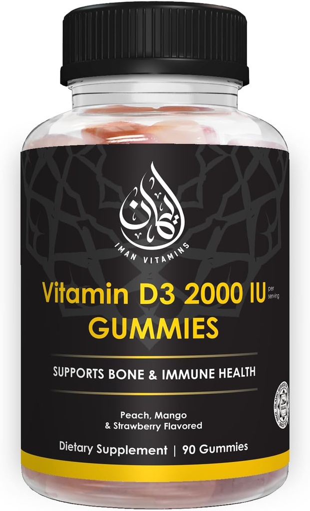 Halal-vitamiini D3 Gummies for Adult, Miehet ja naiset ... 1000IU - 2000IU ... tukee luuta, immuniteettia ja sydänterveyttä... Kasvisruokaa, ei-muuntogeenisiä organismeja, gluteeniton...