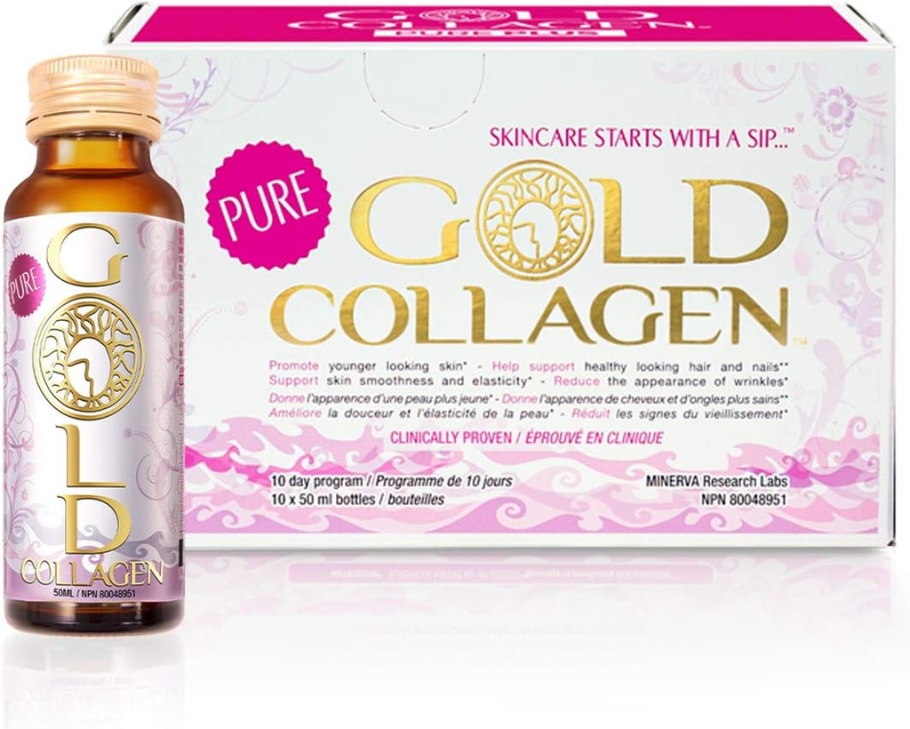 GOLD COLLAGEN Pure - Collagen täydentää naisille ja miehille Biotiini hiusten kasvua, ihon ja kynsien - Anti ryppy immuunijärjestelmän Booster hyaluronihappoa, C-vitamiinia, B6 ja sinkkiä, 1 pakkaus 10x50 ml