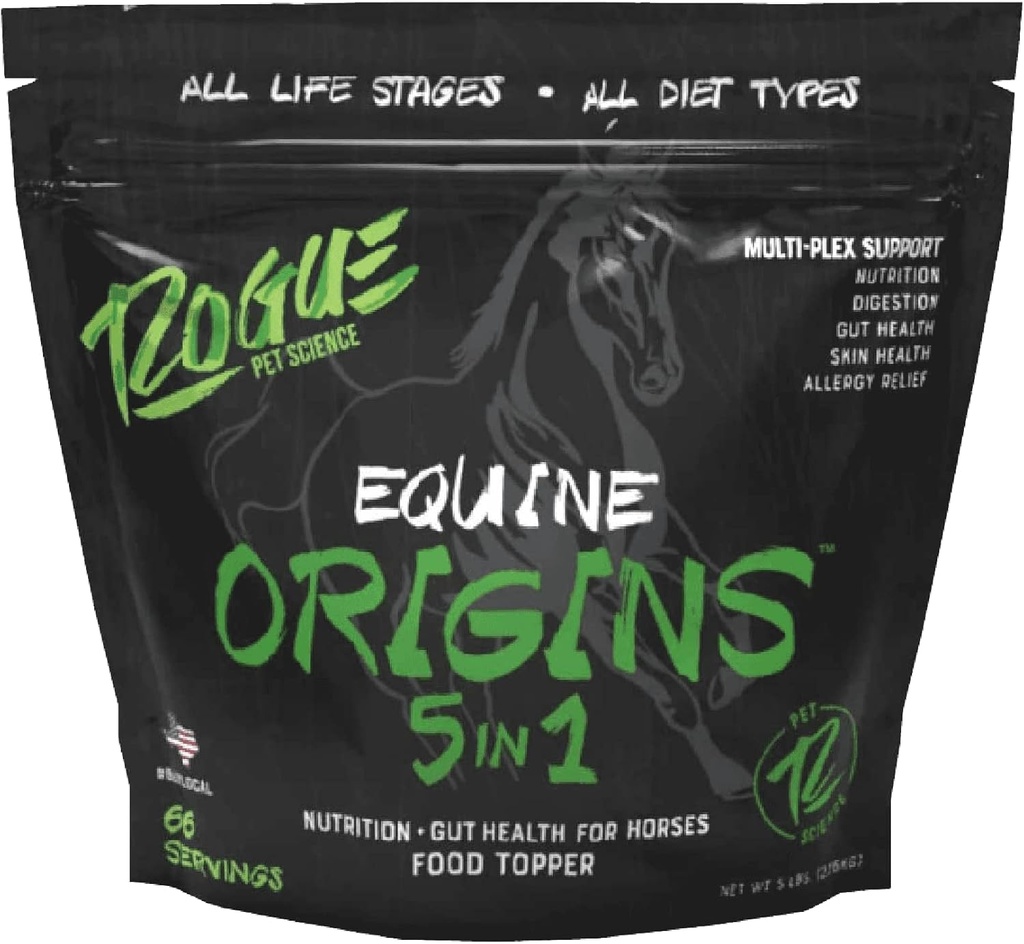 ROGUE PET TIEDE Origins 5-in-1 Horse Supplement - Pelleted Equine Food Topper w/Natural Omega 3 Fish Oil - Tukee Gut Health, Ulcer Relief & Joint-Apps Allergies, ihon ja takin terveys (5 lbs)
