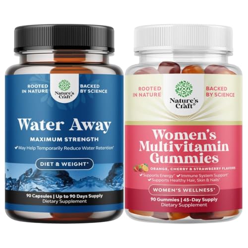 Bundle of Water Away pillereitä - nesteen säilytyksen täydentää Voikukka Leaf Extract turvotusta helpotus - kapselit jalka ja jalka turvotus ja naisten monivitamiini Gummies aikuisille energia ja immuniteetit