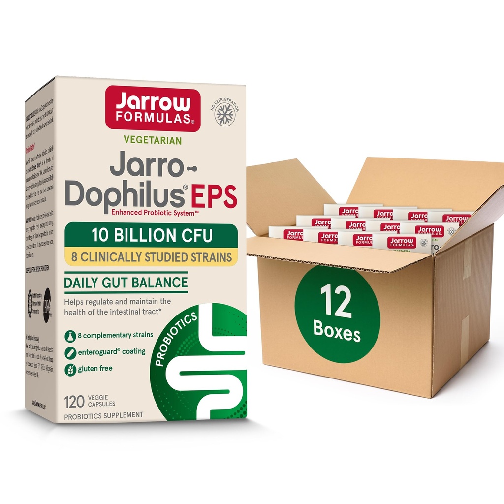 Jarrow Formulas Jarro-Dophilus EPS Probiotics 10 Billion CFU för Intestinal Tract Support, Probiotic Supplement för Gut Health för kvinnor och män, 120 Veggie Capsules, Upp till en 60-dagars Supply,Pack av 12