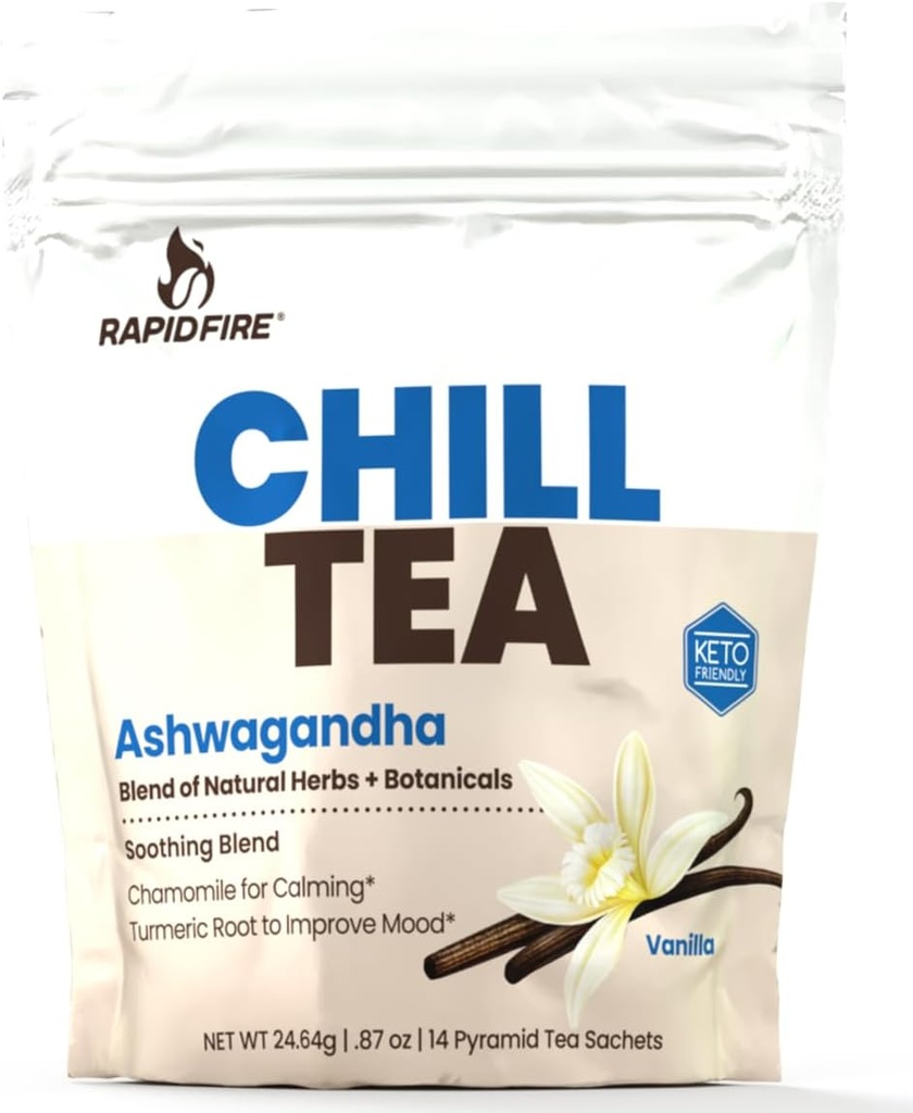 Chill Tea, Rauhoittava Blend, Edistää rentoutumista, Ashwagandha, Kamomilla, Turmeeric, Stressi Relief Tea, Kofeiiniton, 14 teepussia, 14 tarjoilua