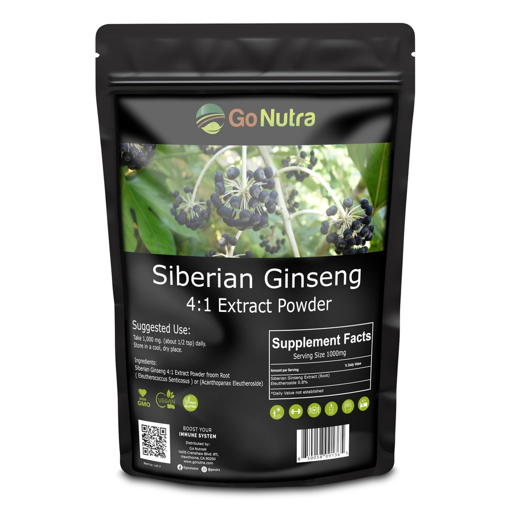 Go Nutra Siperia Ginseng - Eleuthero Root Powder 4:1 Extract 4X Times Stronger ... Tukee energiaa ja kestävyyttä...