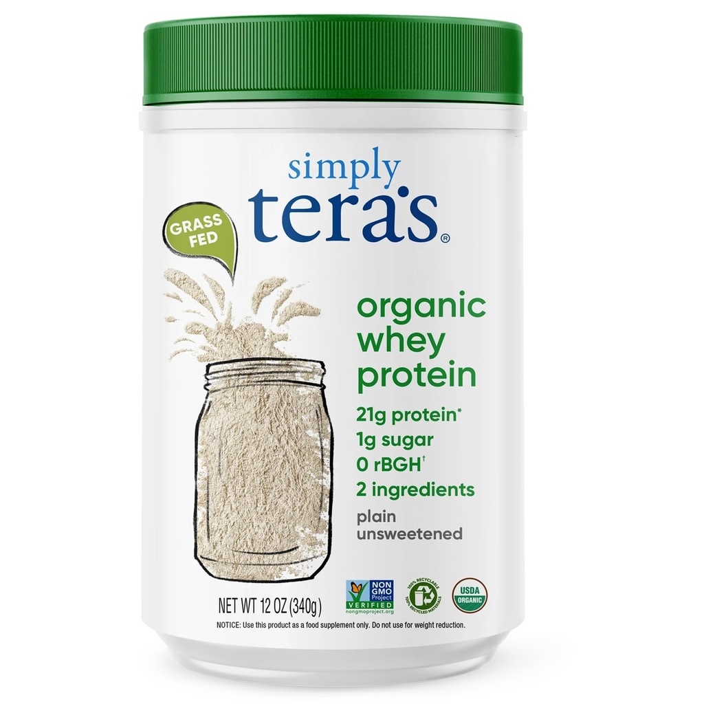 helt enkelt tera's Organic Whey Protein Powder - Grass Fed Whey Protein Powder utan konstgjorda sötningsmedel, Unflavored, Non-GMO, Kosher, Gluten-Free - Plain Unsweetened 12 Oz.