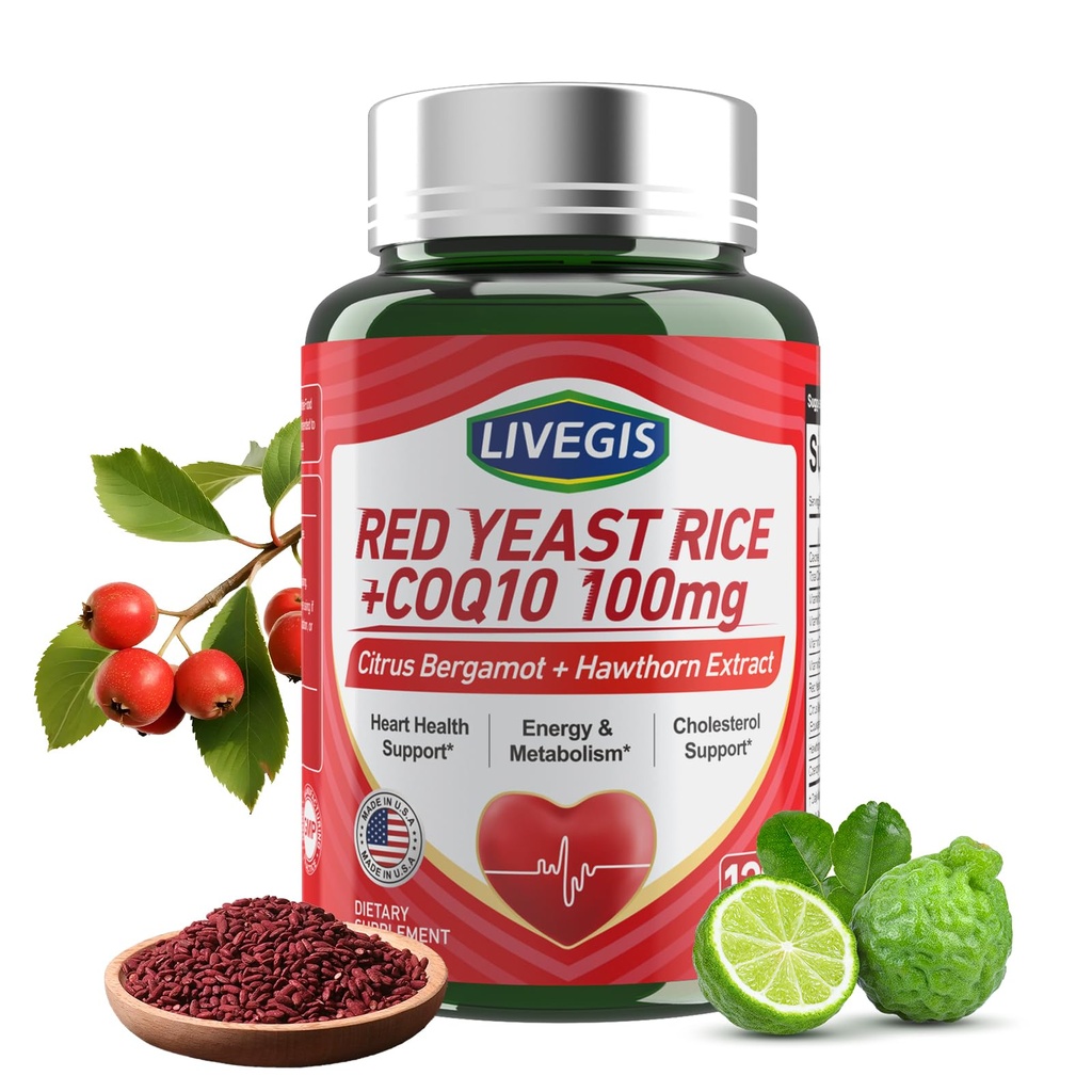 Red Yeast Rice 2000mg CoQ10 100mg - Citrin Free Heart Health täydentää Citrus Bergamot & Hawthorn - Tukee Terve Kolesterolitasot - Vegaani, ei-GMES kapselit 120 Counts