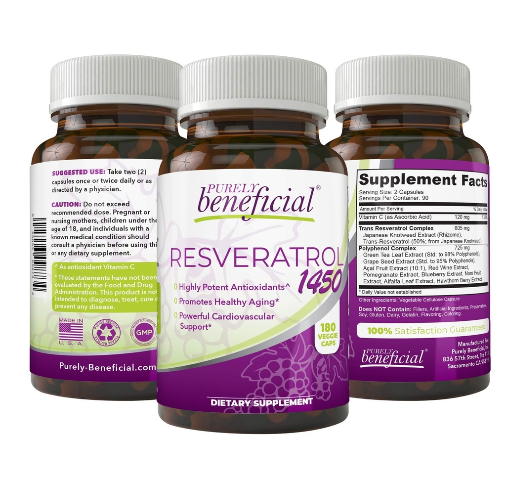 PURRELY edullinen RESVERATROL1450-90 Day Supply, 1450 mg per Serving Potent Antioxidants & Trans- Resveratrol, Edistää anti-aging, Kardiovaskulaarinen tuki, suurin hyöty (± 1 pullo)
