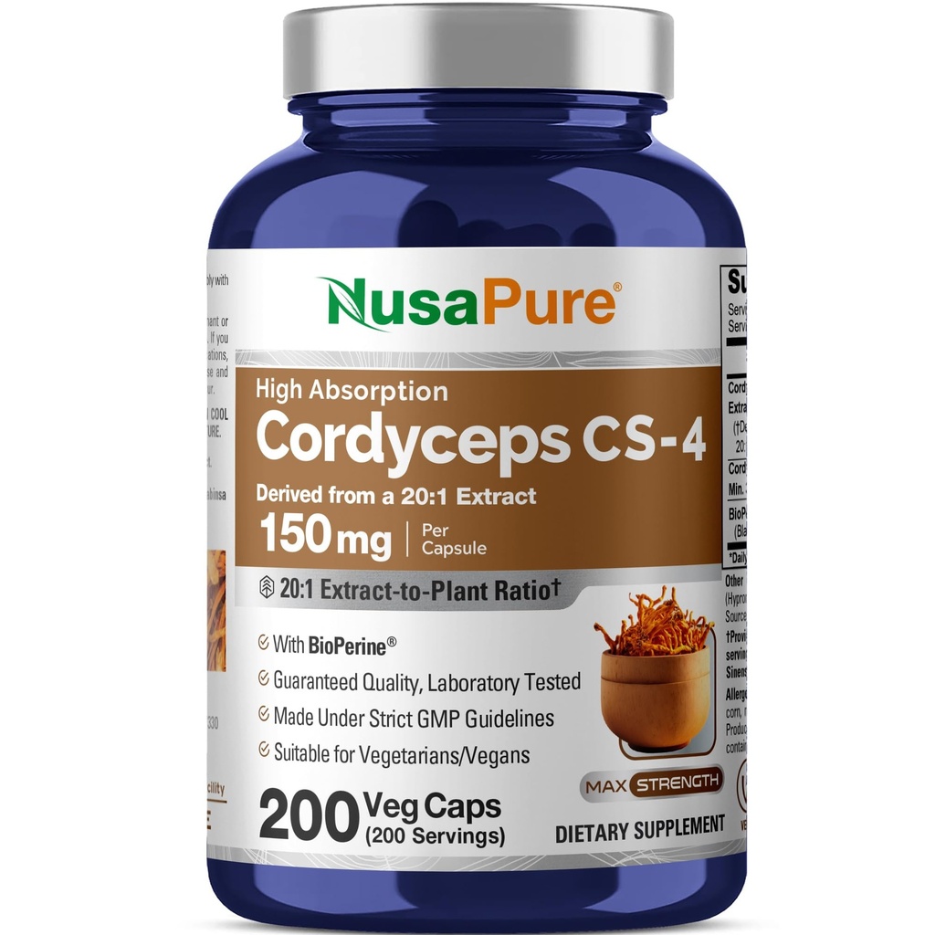 NusaPure Cordyceps 20:1 Extract, 150 mg, mikä vastaa 3000 mg 200 kasviskapselia (Sinensis CS-4, ei-GMO, Vegan) Bioperiine