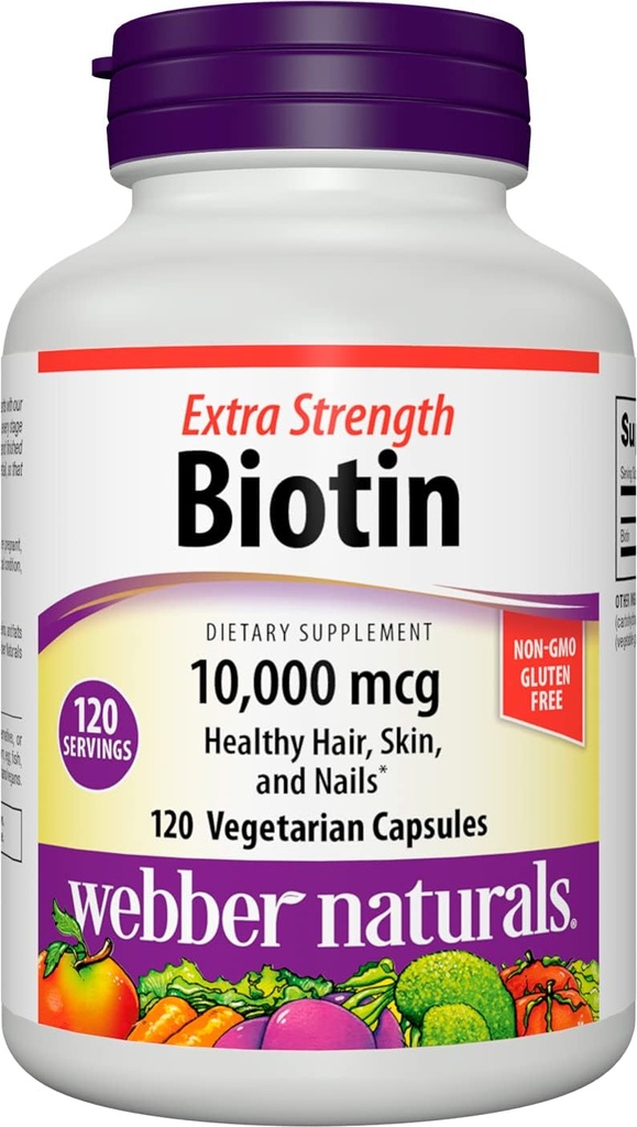 Webber Naturals Biotin 10 000 mcg, extra styrka, 120 kapslar, hälsosamt hår, hud och naglar, vitamintillskott, Vegan