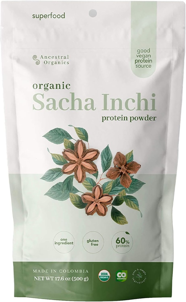 ANCENTRAL Organics Vegan Protein Powder, Sacha Inchi Certified Organic Superfood - 17g Plant Based Protein - Ravint Rich - Gluteeniton, Maidoton, Sokeriton - 1.1lb