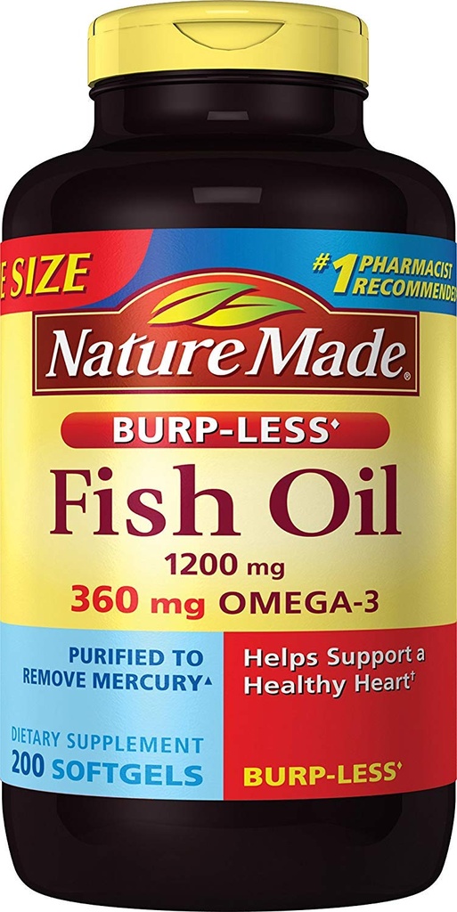 Burp-Less Fish Oil 1200 mg, 200 Softgels, Fish Oil Omega 3 Supplement för hjärthälsa