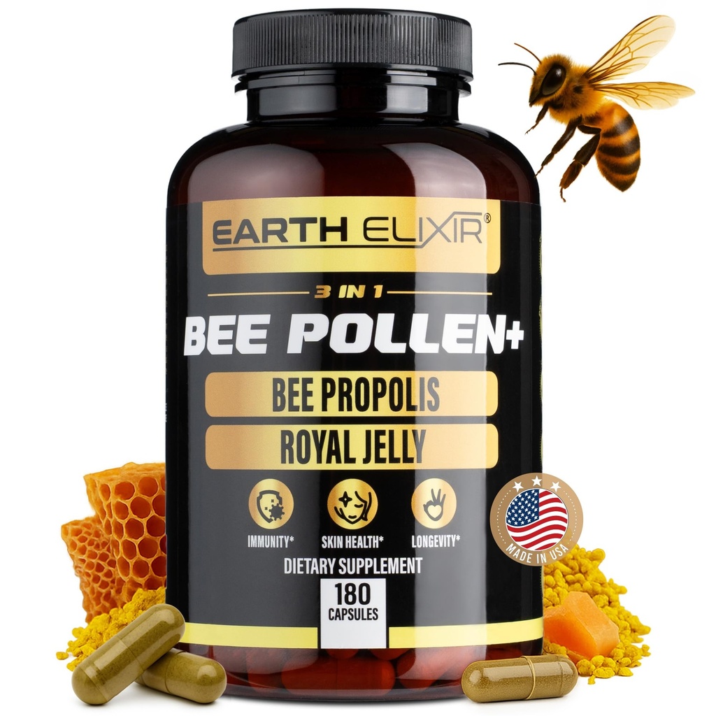 Earth Elixir 3-i-1 Organic Bee Pollen Capsule - Non-GMO, Pure Raw Bee Pollen, Royal Jelly, Propolis Extract för kvinnor och män - Naturlig energi, immun & Vitality Support - 180 Propolis Capsules