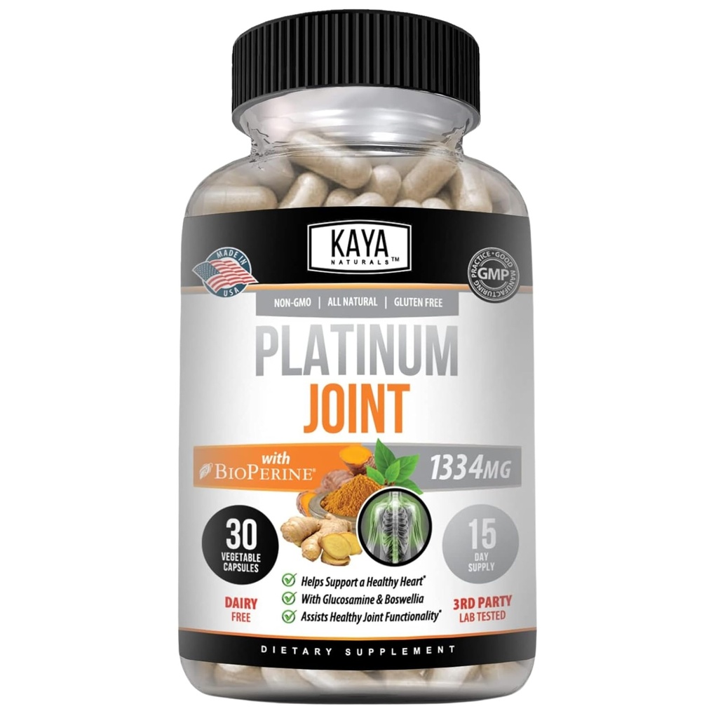Kaya Naturals Platinum Mobility Turmeric - Bioperine, Glukosamiini, Turmeric Boswellia, Terve luonnollinen liikkuvuus tuki, Turmeric Curcumin 1334mg - 30 kapselia