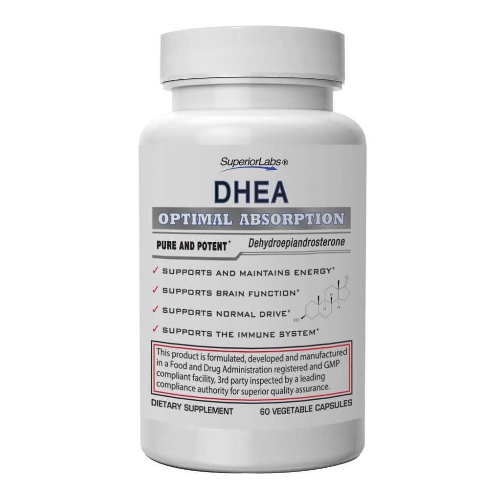 Superior Labs - Extra Strength Natural DHEA - Icke-GMO 100 mg Dos, 60 grönsaks kapslar - främjar hälsosam åldrande hos män och kvinnor - hjälper till att återställa ungdomliga energinivåer