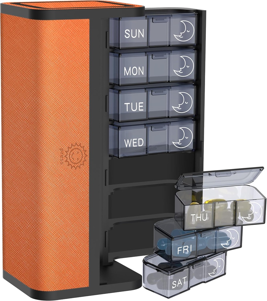 7 päivän AM/PM pilleri Järjestäjä Scratch-Resistant Nahka tapauksessa - Kannettava Viikoittain matka Medicine Box irrotettava päivittäin kapselit & Privacy Design (Bright Orange)
