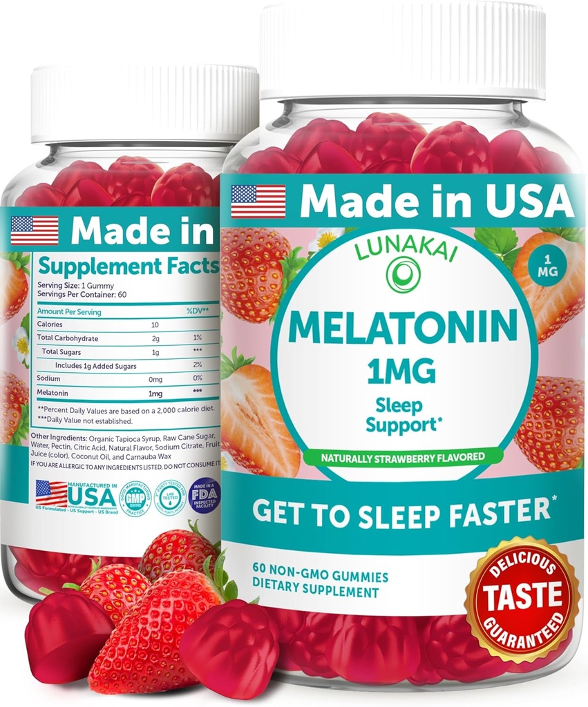 Lunakai USA Made Low Dose Melatonin Gummies 1mg - Hellä unilääke aikuisille ja lapsille - Ei-GMO, Vegan, Gluteeniton - 60