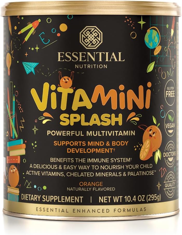 Essential Nutrition Vitamiini Splash - Lapset monivitamiini jauhe - Ravitsemustuki - 13 Aktiivisia vitamiineja & 6 Kelated Minerals, Prebioottikuitu - Orange Flavor - (10.4 oz) - Vegaani