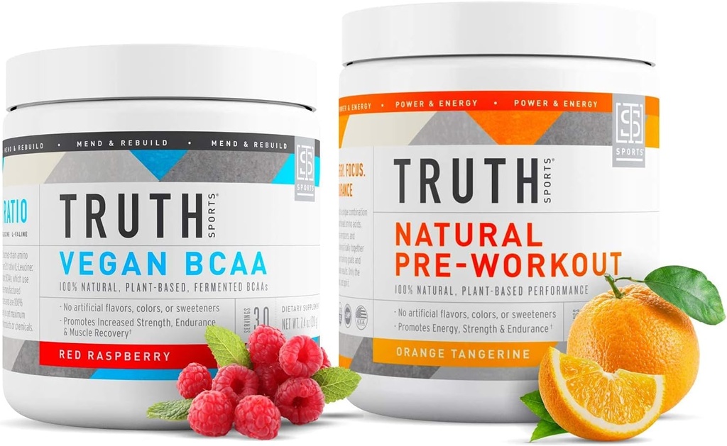 Totuus ravitsemus Natural urheilija harjoitus pino - Natural Preworkout (Orange Tangerine) + Vegan BCAA (punainen vadelma)
