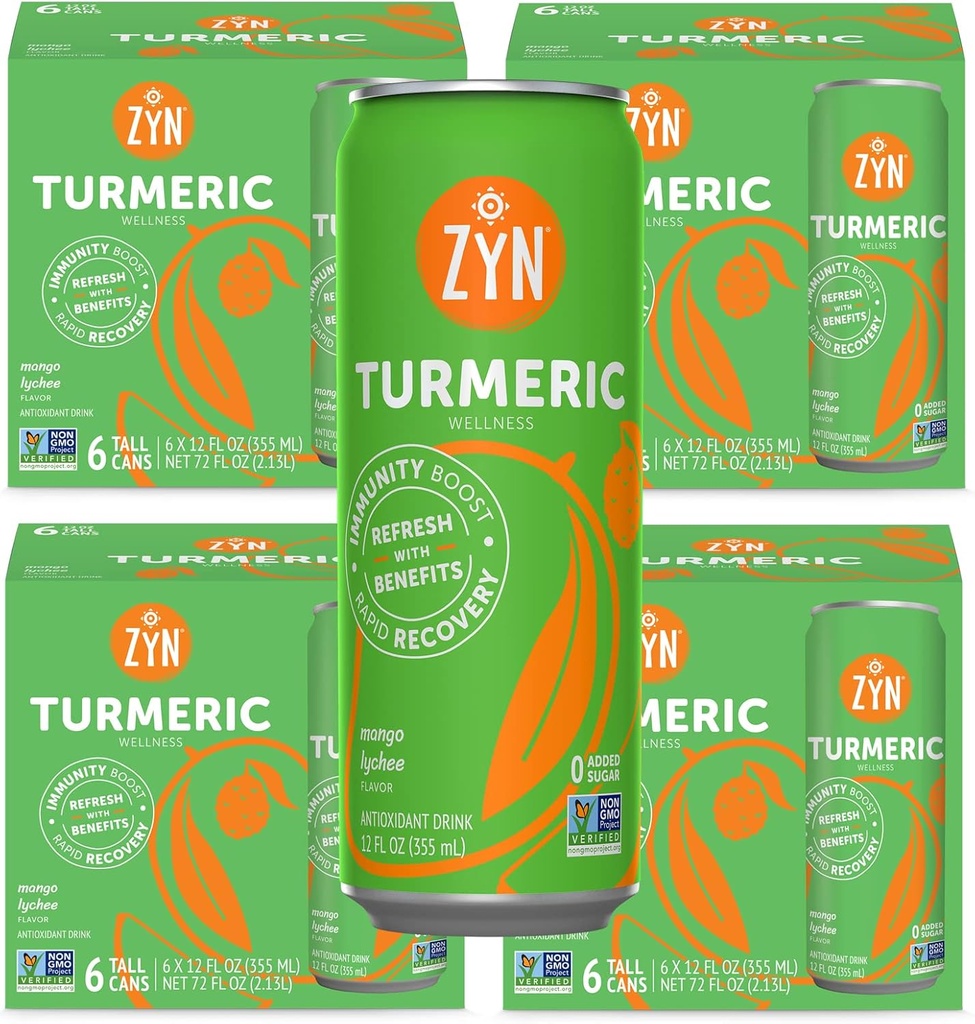 ZYN Turmeric Wellness Drink (24 Pack), Mango Lychee smaksatt gurkmeja Curcumin Drink med Black Pepper, No Added Sugar, Low Carb & Low Calorie Drink, Clean Alternative