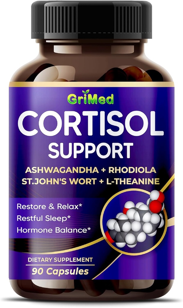 GriMed Ashwagandha Rhodiola 14,150 mg - x 10 Power with St.John's Wort, L-Theanine - Palauta & rentoutua, levollinen uni - USA Made & Tested (90 laatikko 1)