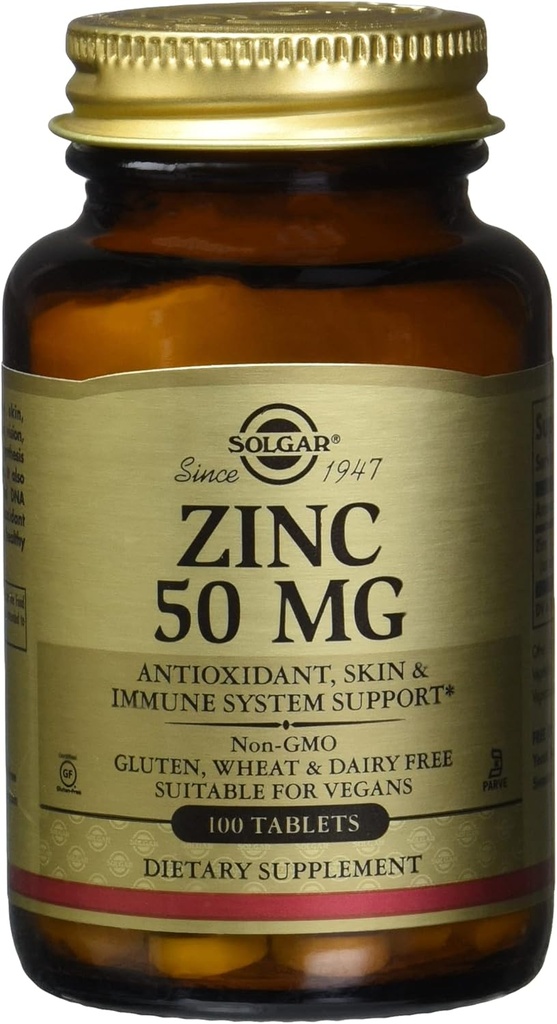 Solgar Sinkki 50 Mg, 100 tablettia - Sinkki terveelle iholle, immuunijärjestelmä ja antioksidantti tuki - 100 tarjoilua, 100