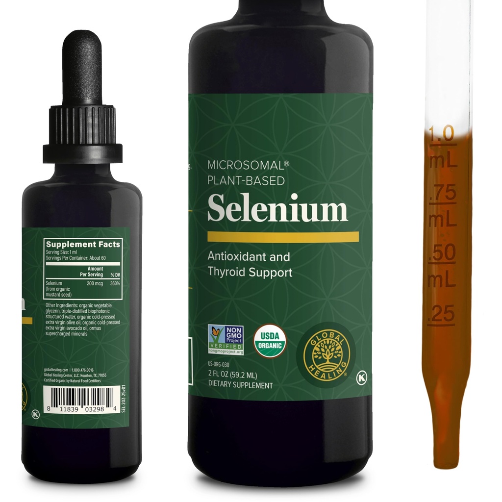 Global Healing Center - Selenium 200mcg, Selen Supplement Drops med organiska ingredienser, antioxidanter för sköldkörtel och immunsupport, icke-GMO & Glutenfri, för män och kvinnor - 2 Fl Oz