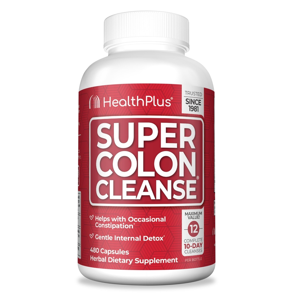 Health Plus Super Colon Cleanse 120 päivän tarjonta Gentle Gut Cleanse Detox, Psyllium Husk, Probiootit ummetus Relief & Ruoansulatuskanavan tuki, 480 kapselia