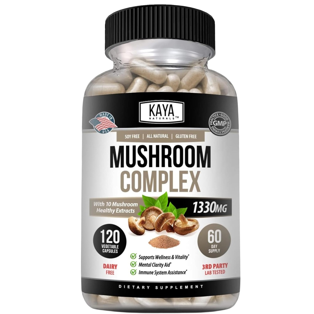 Kaya Naturals Premium Mushroom Complex Potent - Sieni täydentää - Sieni Complex Kapselit 1995mg Per Serving - Aids Mental Clarity tukee immuunijärjestelmää, hyvinvointi & elinvoimaa - 120 Count